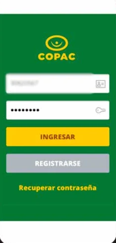 Pantalla de ingreso de la app COPAC