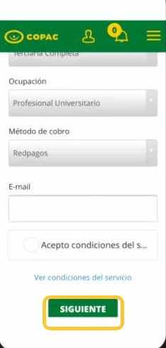 Botón Siguiente, resaltado
